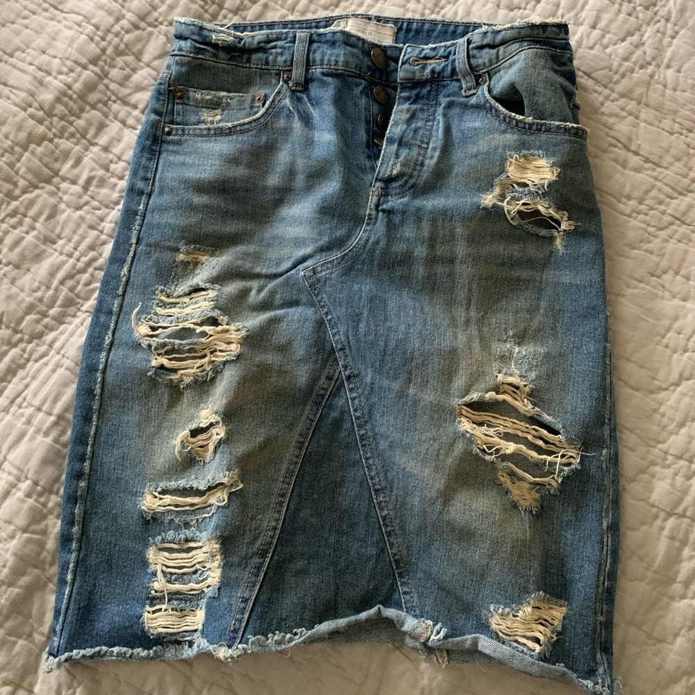 Free People distressed denim pencil skirt